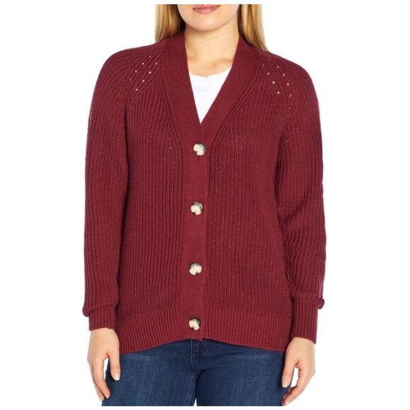 Gap Shaker Stitch V Neck Cardigan Sweater XS Burgundy Cotton Knit Cottagecore - Picture 1 of 10